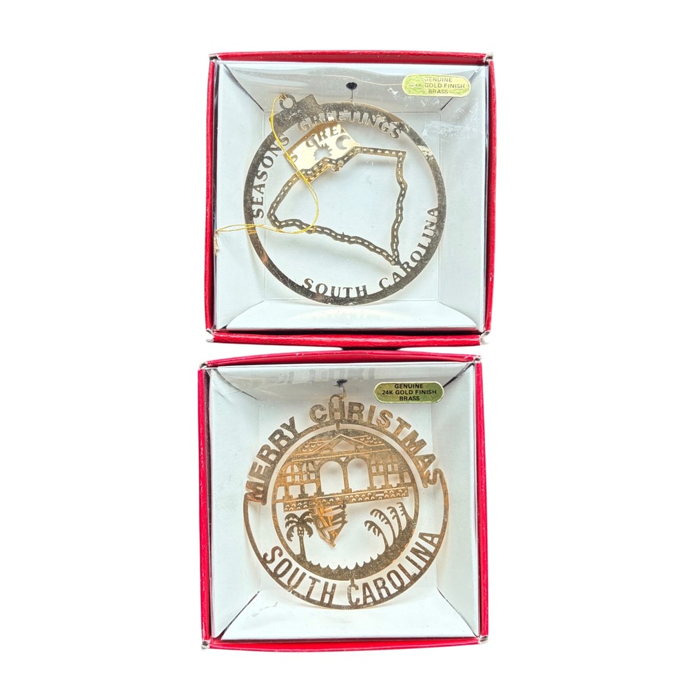 South Carolina 24k Gold Finish Brass Christmas Ornaments Set of 2 State Souvenir